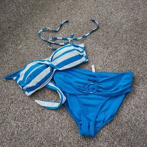 $ Blue & White Striped Bikini Set | Size XL | High-Waist Bottom